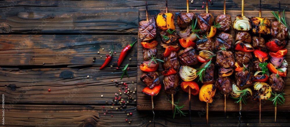 Poster kebabs skewers of grilled meat and vegetables on a brown wooden surface grilled meat skewers top vie