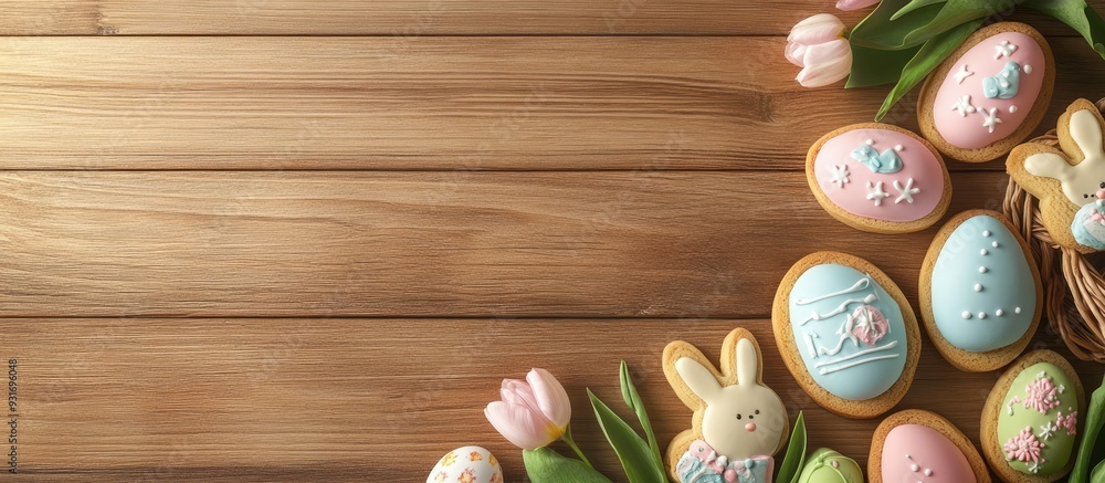 Poster Easter greeting card background featuring pastel colored eggs and homemade cookies shaped like eggs and bunny rabbits along with a basket tulips and a rustic wooden table with copy space