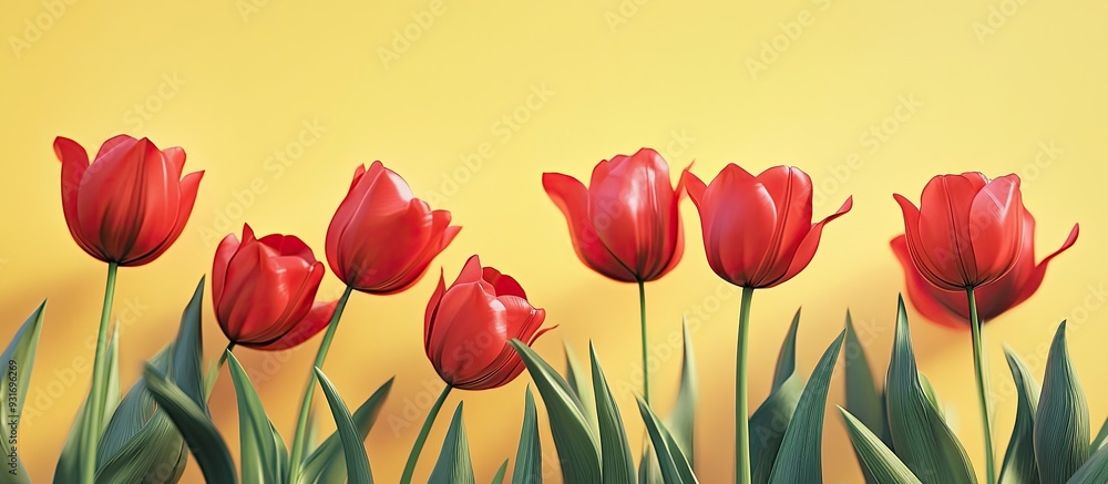 Fototapete red tulips against a yellow background. with copy space image. place for adding text or design