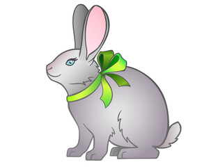 Beautiful, cute, vector rabbit with pink ears and a nose. Gray rabbit with a green bow on the neck. Funny pet - rabbit - full color picture	