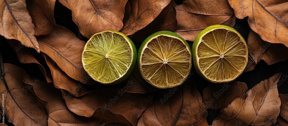 Fototapete focus on dried leaves and three limes against a black background. with copy space image. place for a