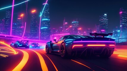 Fototapeta premium Supercars with neon accents that reflect bright lights on city streets