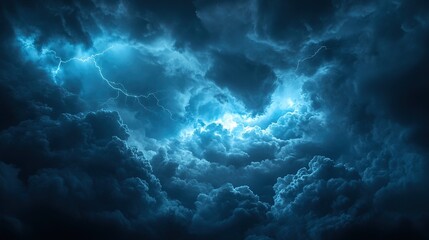 Fototapeta premium Stunning Thunderstorm Overhead with Intense Lightning Bolts, Captivating Pinpoint Light Illuminating Dark Clouds. Nature's Fury and Majestic Power Displayed.