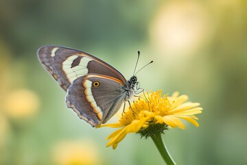 Fototapeta premium A butterfly resting on a flower with soft green and yellow bokeh in the background, AI Generated