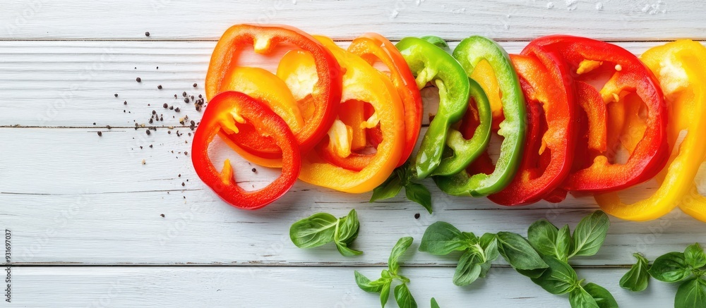 Poster image of sliced colorful peppers on a white wooden table. with copy space image. place for adding te