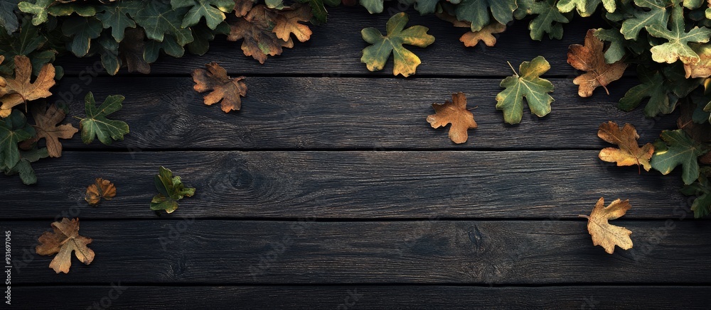 Poster oak leaves on dark wood. with copy space image. place for adding text or design