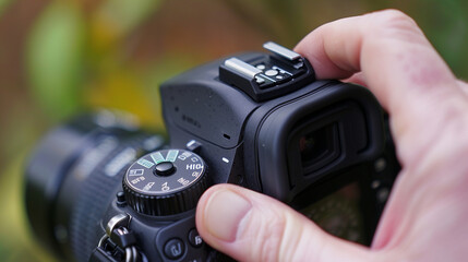 Close-up of a hand adjusting the settings on a modern camera