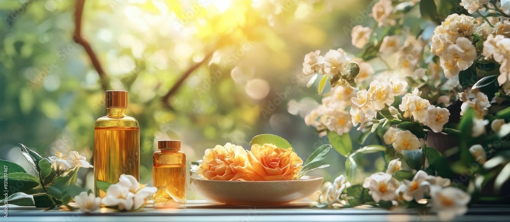 Poster spa and aromatherapy kit featuring flowers filtered photo. with copy space image. place for adding t