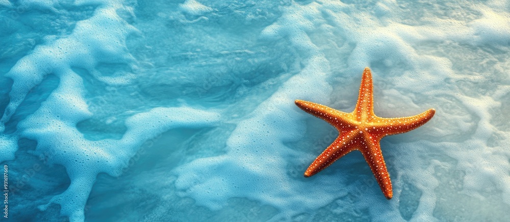 Poster orange starfish isolated against a sea background. with copy space image. place for adding text or d
