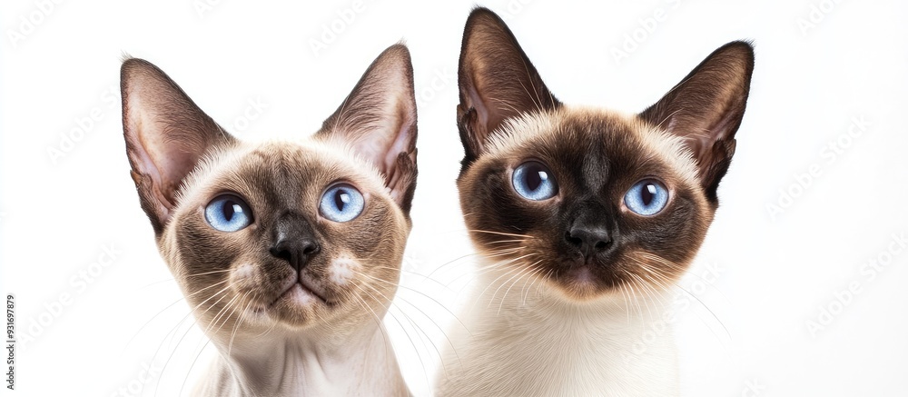 Poster devon rex and siamese cats positioned in front of a white background. with copy space image. place f