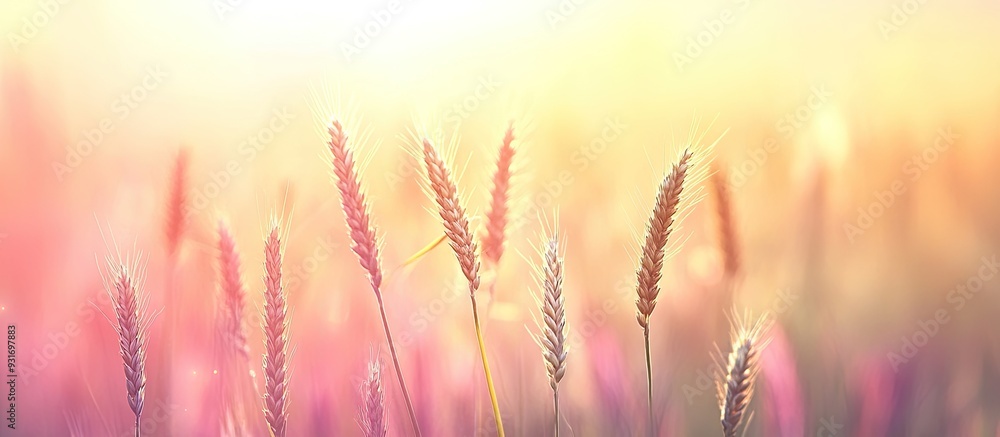 Aufkleber Wheat field at sunset with a blurred vintage background in pastel tones. with copy space image. Place for adding text or design