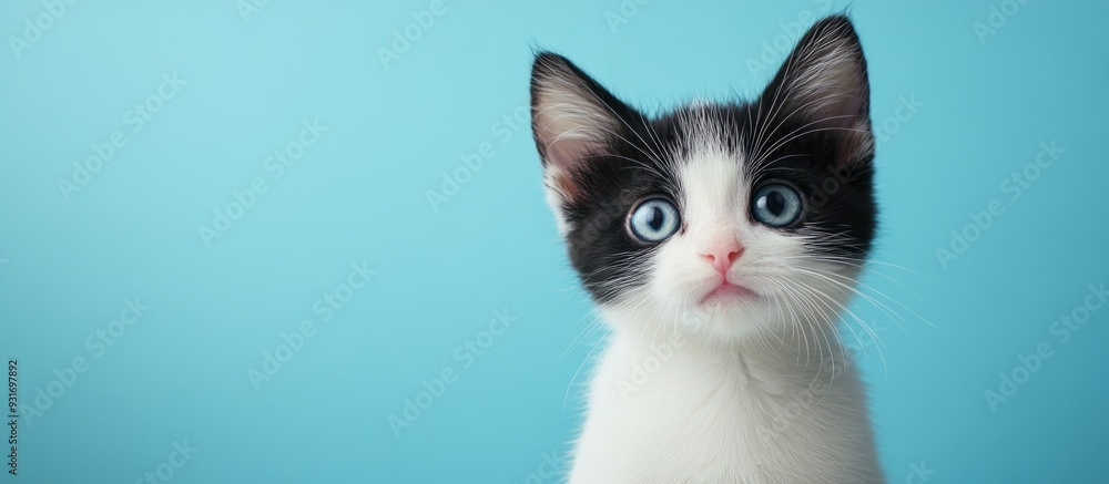 Poster black and white kitten set against a blue background. with copy space image. Place for adding text or design