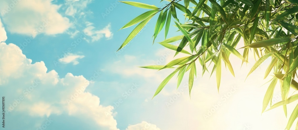 Leinwandbilder bamboo leaves set against a sky background. with copy space image. place for adding text or design