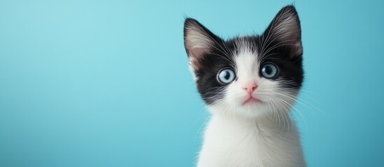 Fototapeta premium black and white kitten set against a blue background. with copy space image. Place for adding text or design