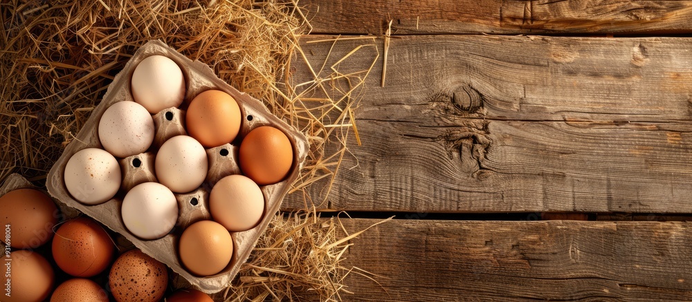 Aufkleber fresh chicken eggs background brown and white eggs in a craft carton placed on hay at a rustic woode
