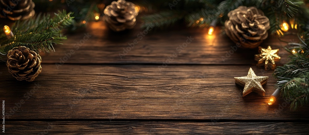 Poster christmas decor on a wooden background. with copy space image. place for adding text or design