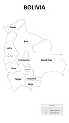 Bolivia Map. State and district map of Bolivia. Administrative map of Bolivia with states and boundaries in white color.