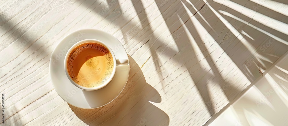 Aufkleber top view of a white coffee cup resting on a wooden table texture shadows cast by the cup in sunlight