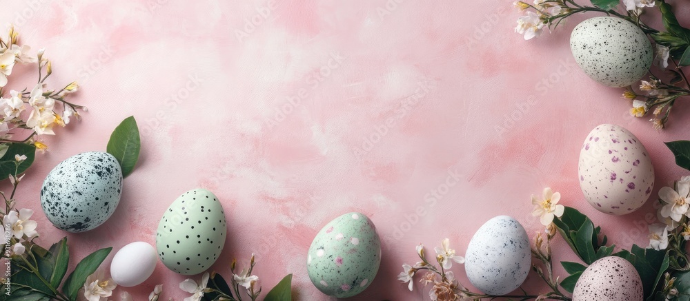 Aufkleber easter backdrop featuring easter eggs and spring flowers top view with copy space