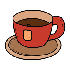 Hand drawn cartoon red tea cup on saucer on white background.