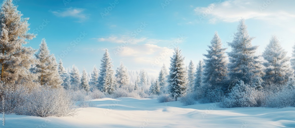 Leinwandbilder sunny winter forest featuring pine trees blanketed in snow under a blue sky. with copy space image. 