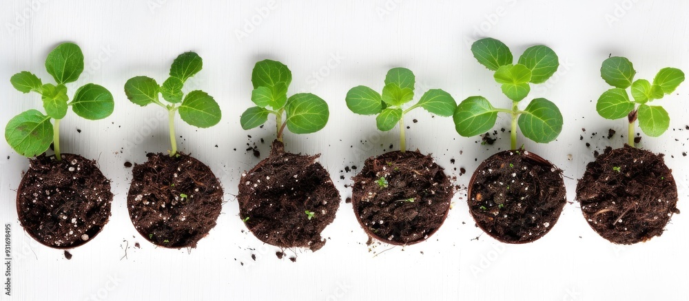 Aufkleber Group of young seedlings set against a white background An image of seedlings from a top view Seedlings prepared for transplanting. with copy space image. Place for adding text or design