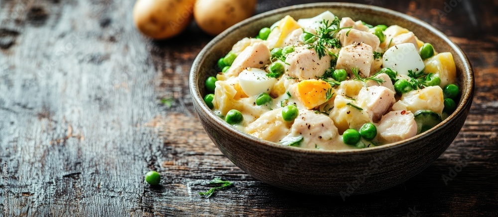 Poster russian salad olivier featuring potatoes chicken eggs cucumber and green peas in a bowl set against 