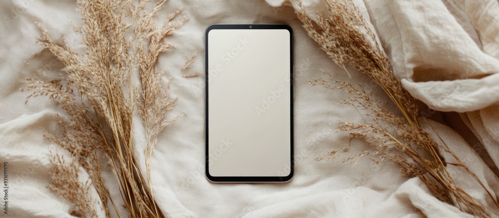 Aufkleber flat lay of a mobile phone featuring a blank screen copyspace mockup stylish dried grass and a table