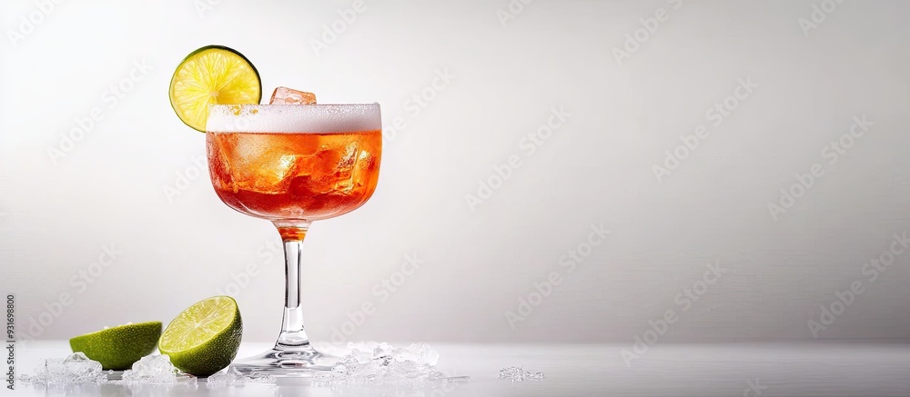 Poster Cocktail with alcohol and a lime set against a white isolated background. with copy space image. Place for adding text or design