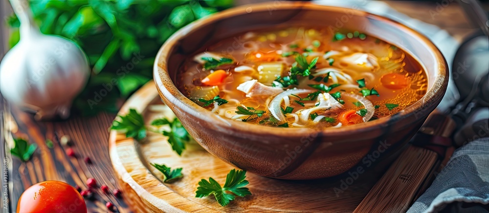 Aufkleber chicken broth containing homemade noodles chicken hearts and finely chopped green onions the soup is