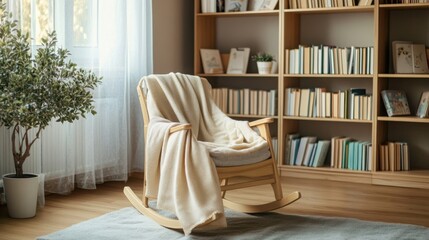 A serene nursery scene with a rocking chair, a soft blanket draped over it, and a bookshelf filled with baby books, [baby nursery corner], [calm and inviting]
