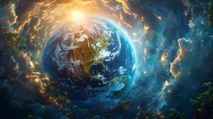 A vibrant illustration of the Earth with a protective layer of ozone depicted as a glowing blue shield