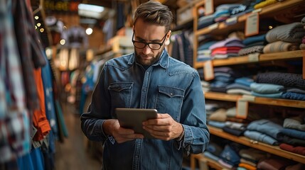 Small business owner of a clothing store using a digital tablet in store for electronic banking : Generative AI