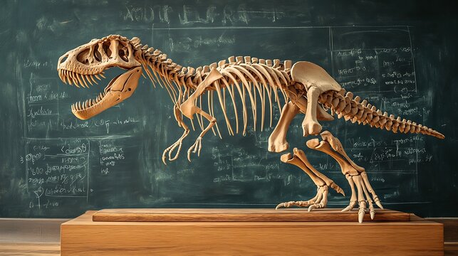 A Tyrannosaurus Rex skeleton model sits on a wooden plinth in front of a blackboard covered in scientific equations.