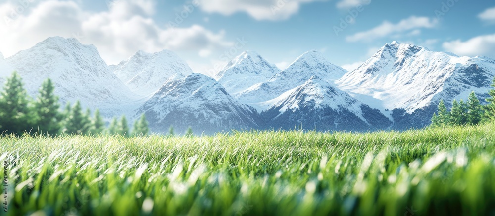 Aufkleber A grassy field in front of snow covered mountains. with copy space image. Place for adding text or design