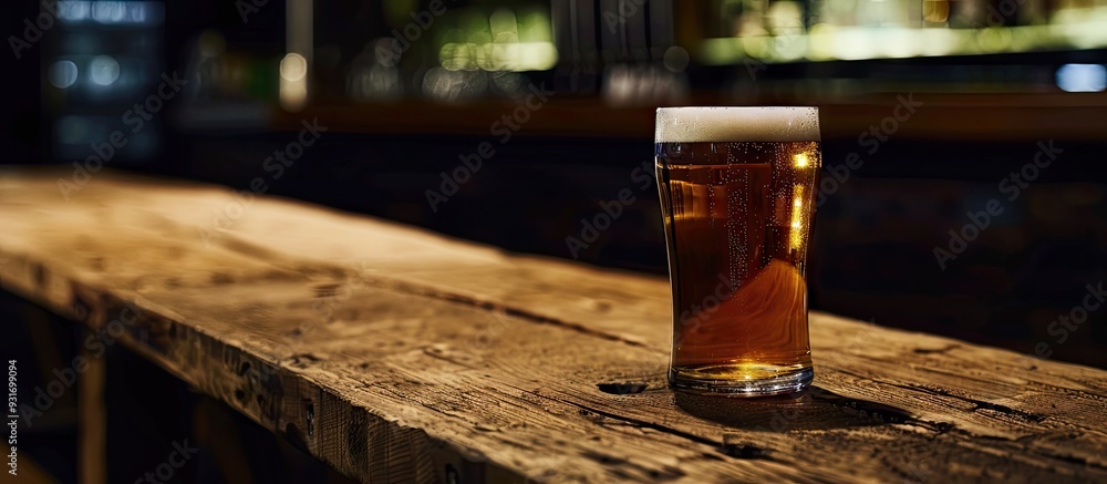 Poster Dark beer in a glass on a table in a pub with copyspace for a menu text
