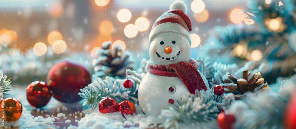 Poster Snowman adorned with Christmas decorations. with copy space image. Place for adding text or design