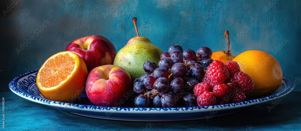 Aufkleber still life featuring fresh israeli fruits on a blue ceramic plate a vibrant image of succulent fruit