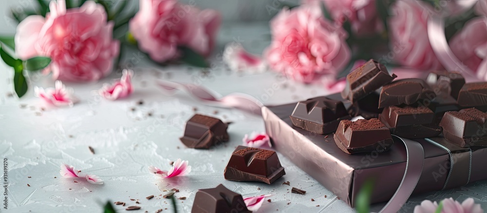 Aufkleber chocolate pieces a gift box and carnations. with copy space image. place for adding text or design