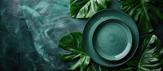 Green plate atop green leaves set against a dark background. with copy space image. Place for adding text or design