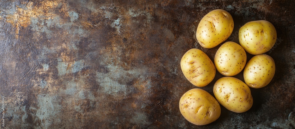 Poster an overhead flat lay image features several yukon gold potatoes arranged on a stained and scratched 