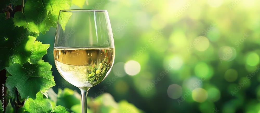 Poster white wine in a glass set against a background of green leaves area for text. with copy space image.