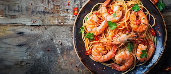 Spicy shrimp spaghetti in a white plate on a wooden table with copyspace