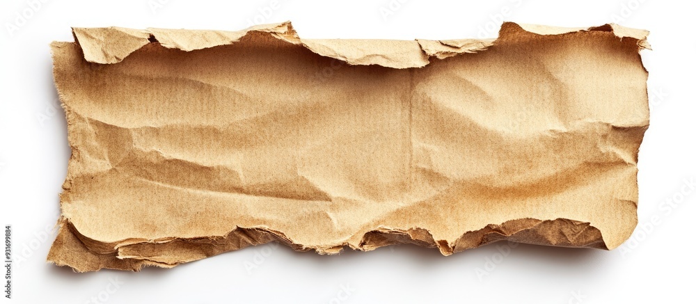 Poster old craft torn wrapping paper stripe piece isolated on a white background an aged brown kraft sheet 