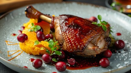 Confit duck leg with oranges cranberries and sweet potato puree : Generative AI