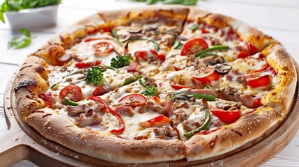 Warm and cheesy pizza fresh out of the oven topped with a variety of fresh vegetables and meats