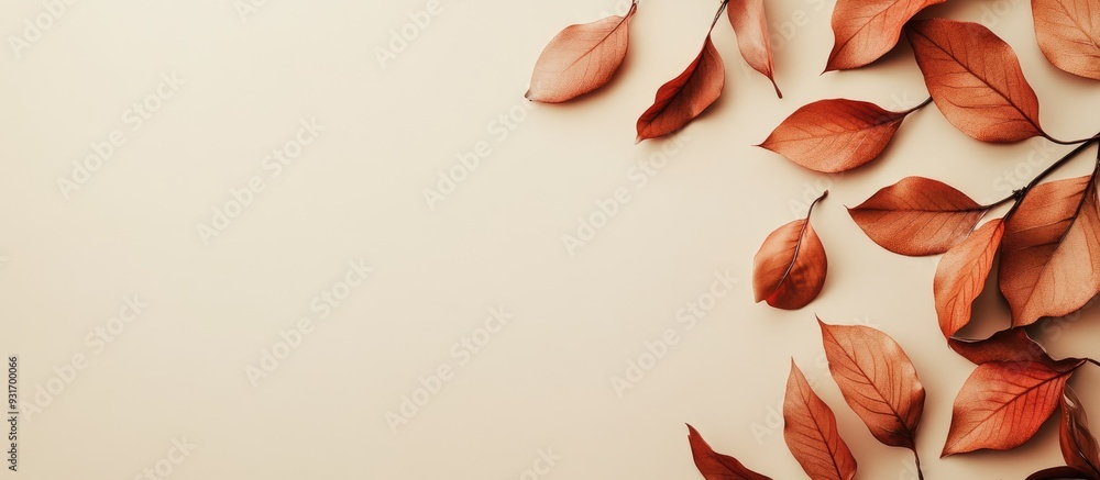 Poster Autumn arrangement Orange leaves on a beige backdrop with copy space Top view Flat layout Left side