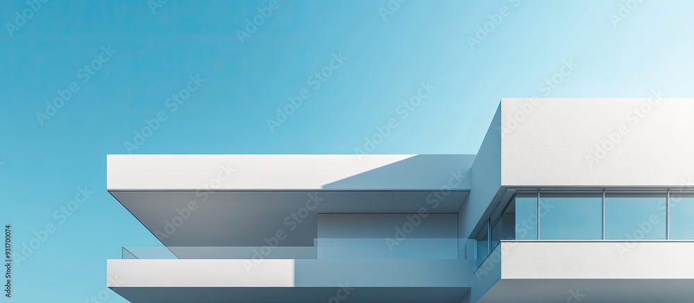 Poster side of a contemporary white geometric facade contrasting with the sky. with copy space image. place