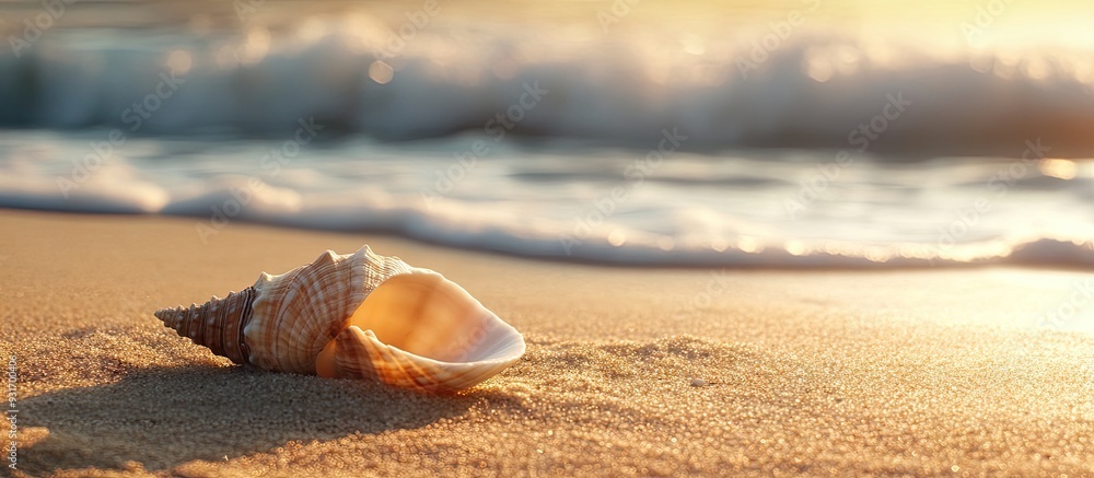 Poster shell on a sandy beach. with copy space image. Place for adding text or design