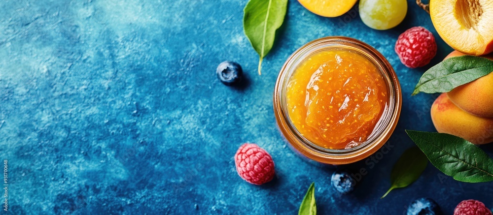 Aufkleber nutritious breakfast apricot jam in a jar next to fresh fruits on a blue background top view with co